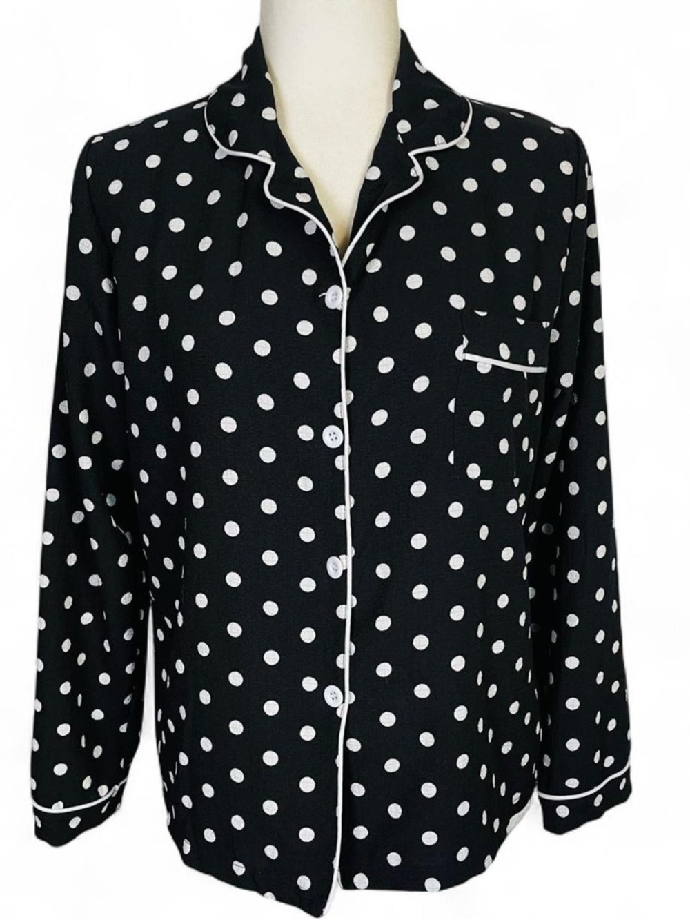 Women's Size Small S Button Down Pajama Top Shirt Black White Polka Dot Long